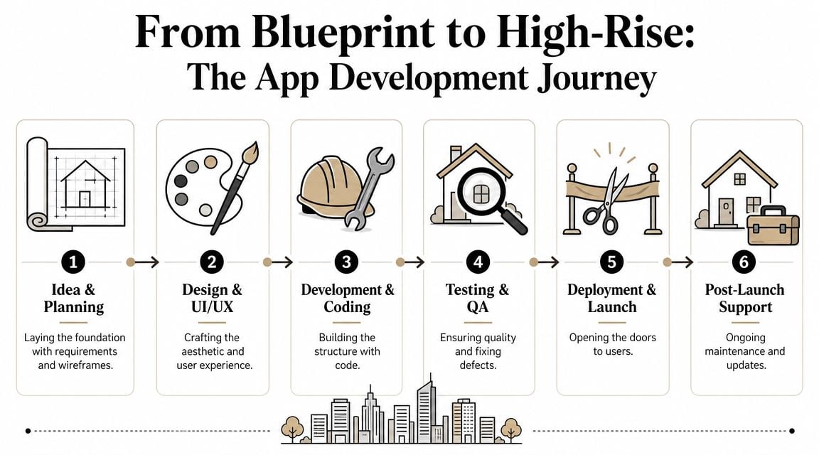 A six-step infographic detailing the mobile application development lifecycle, from planning to post-launch support.