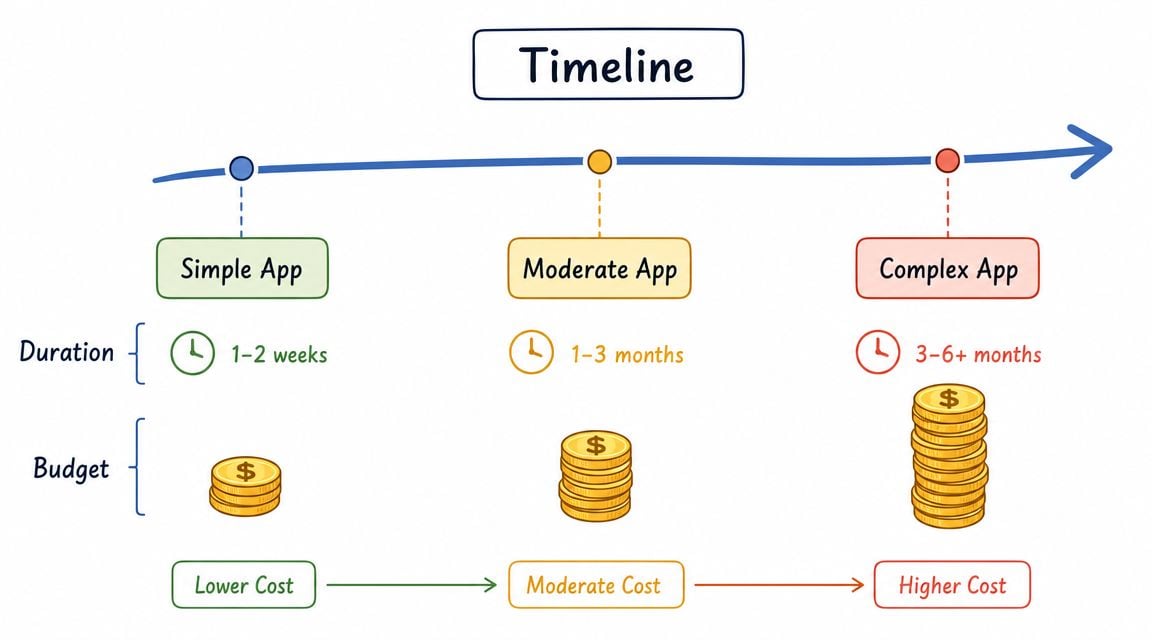 A timeline graphic showing app development duration and budget requirements for simple, moderate, and complex applications.