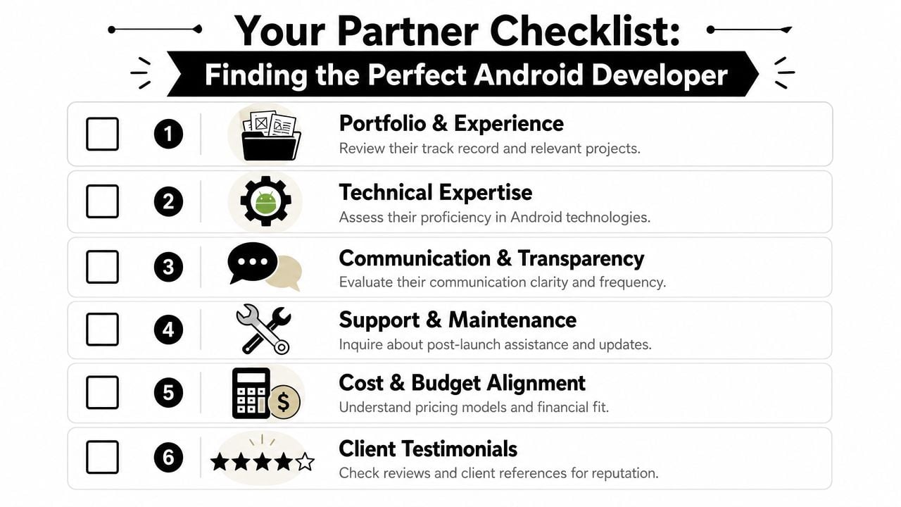 A checklist titled Finding the Perfect Android Developer, featuring six key criteria for choosing a mobile app partner.