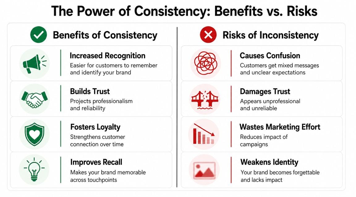 A comparison chart showing the benefits of brand consistency versus the risks of brand inconsistency.