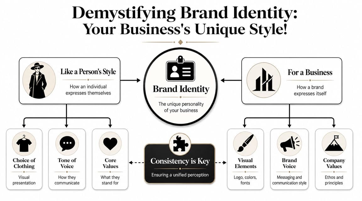 A diagram illustrating brand identity as a combination of personal style and business expression for consistency.