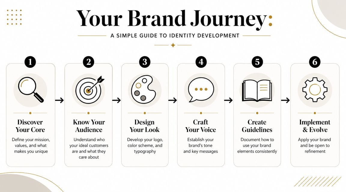 A diagram illustrating the six-step process for developing a brand identity, starting from discovery to implementation.