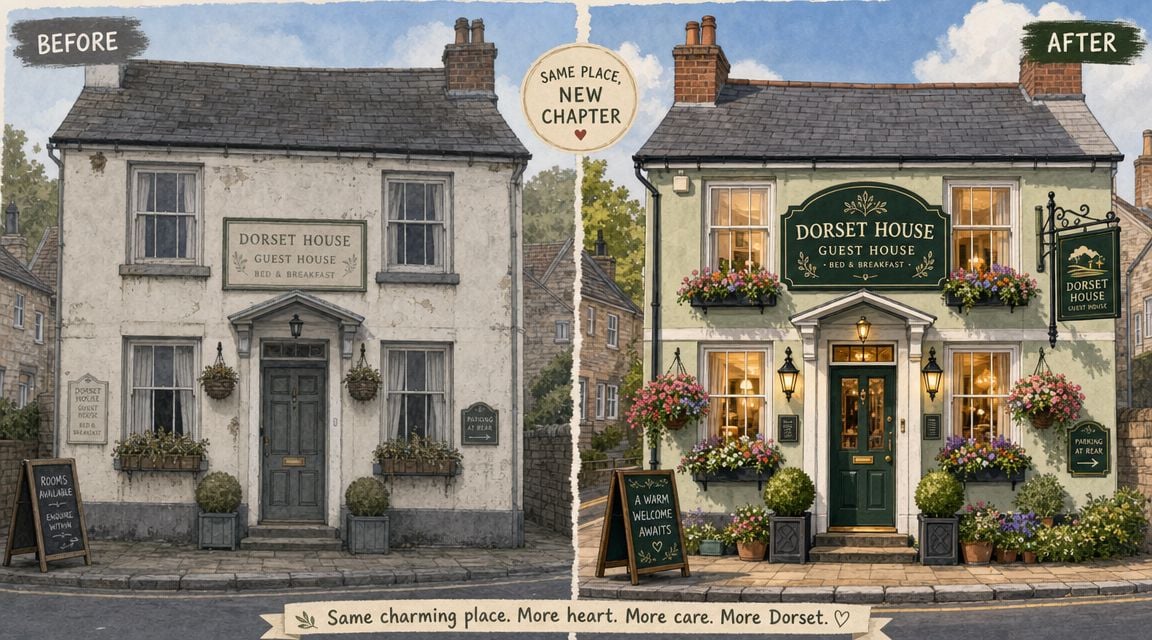 A before and after comparison showing the renovation of Dorset House guest house in a charming town.
