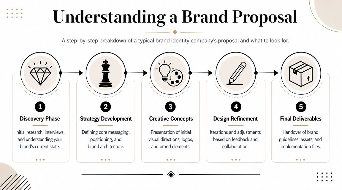 A five-step infographic showing the process of working with brand identity companies for professional design projects.