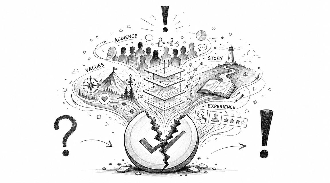 A conceptual sketch illustrating brand development elements including audience, values, story, and user experience.