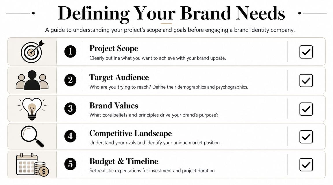 An infographic titled Defining Your Brand Needs listing five essential steps for brand identity project planning.