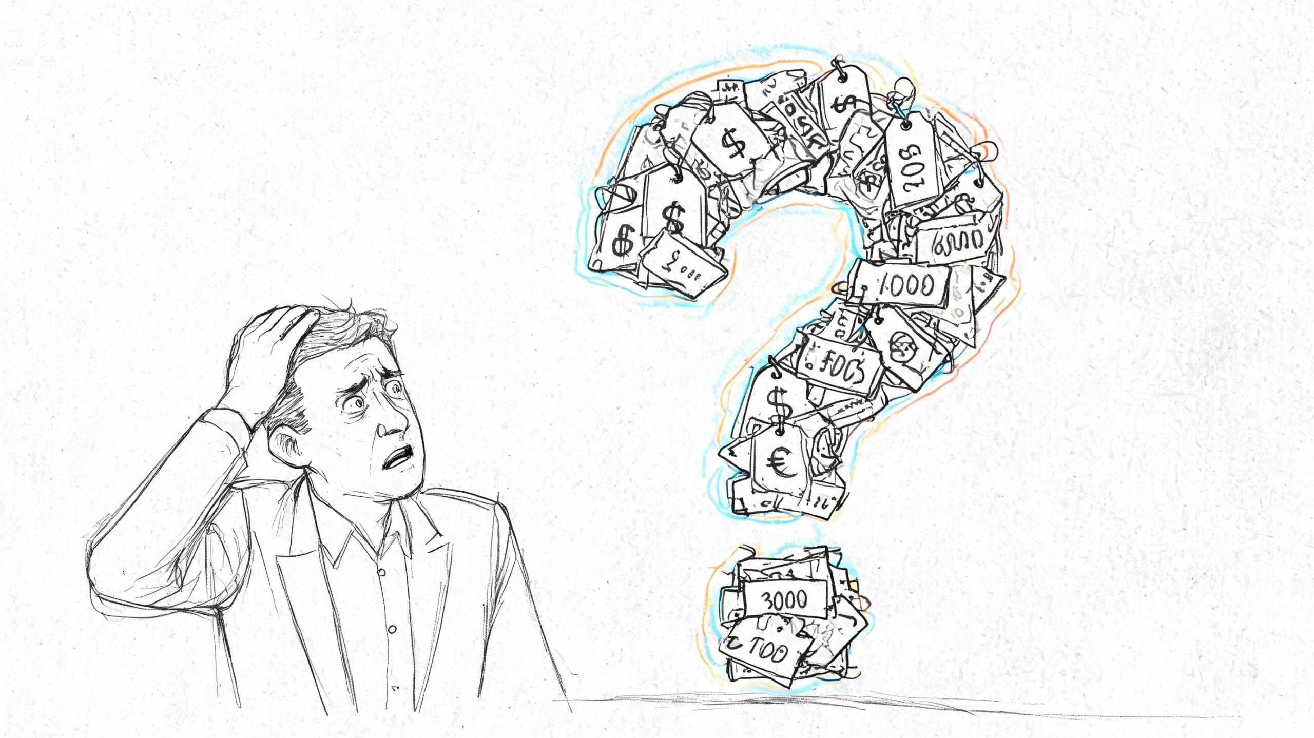 A confused man looking at a large question mark made of various price tags and currency symbols.