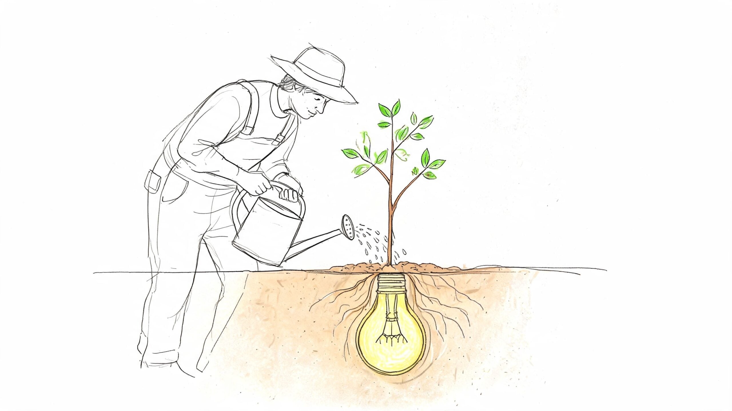 A person watering a young tree with a lightbulb planted in the soil at its roots.