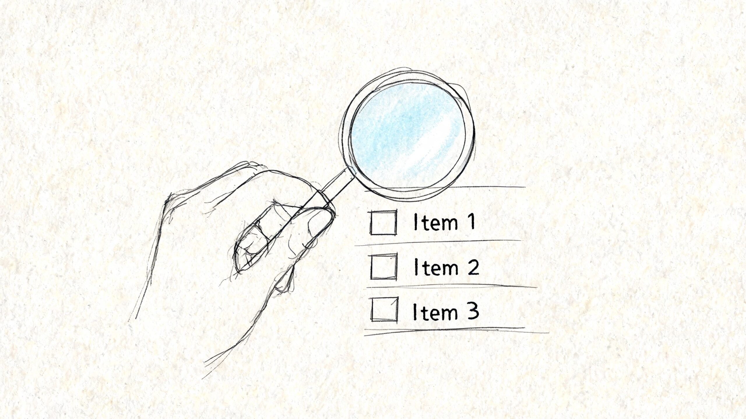 A hand-drawn sketch of a magnifying glass held over a checklist labeled Item 1, 2, and 3.