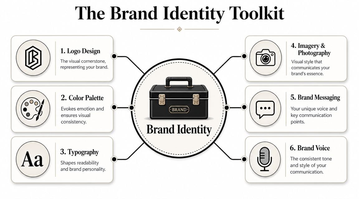 A diagram titled The Brand Identity Toolkit illustrating six key elements of branding including design and messaging.