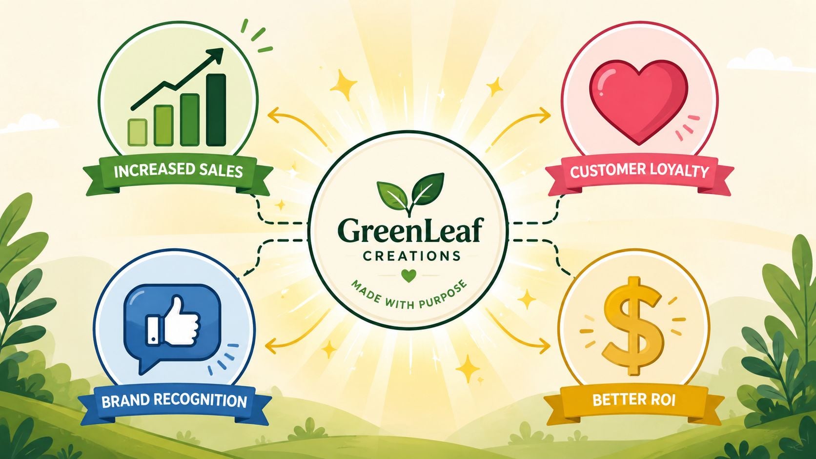 An infographic showing benefits of GreenLeaf Creations brand identity design services including sales, loyalty, recognition, and ROI.