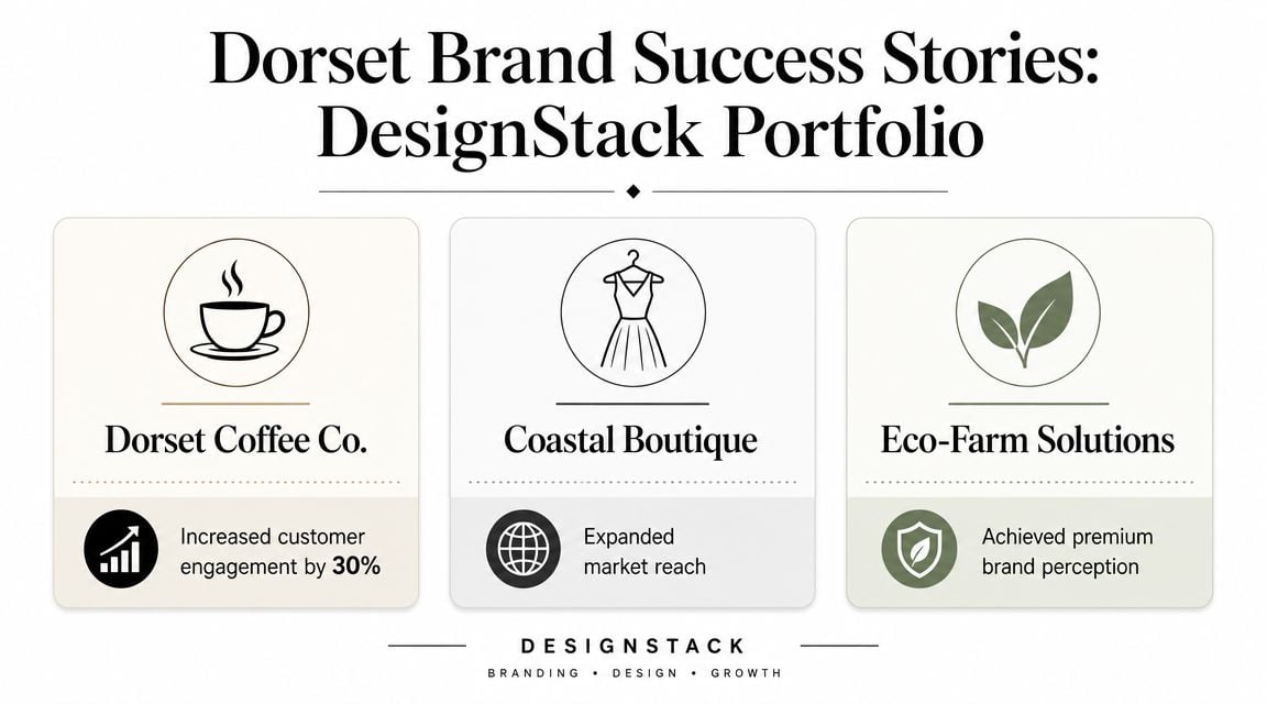 A graphic presentation of three DesignStack portfolio brand success stories for coffee, boutique, and farm companies.