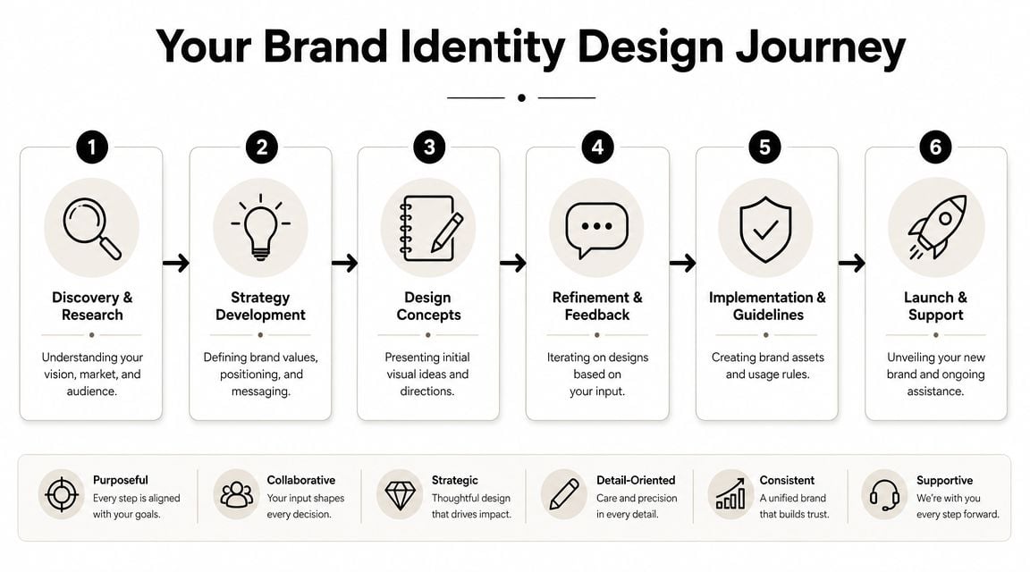 A six-step infographic showing the professional process of creating a brand identity design for businesses.