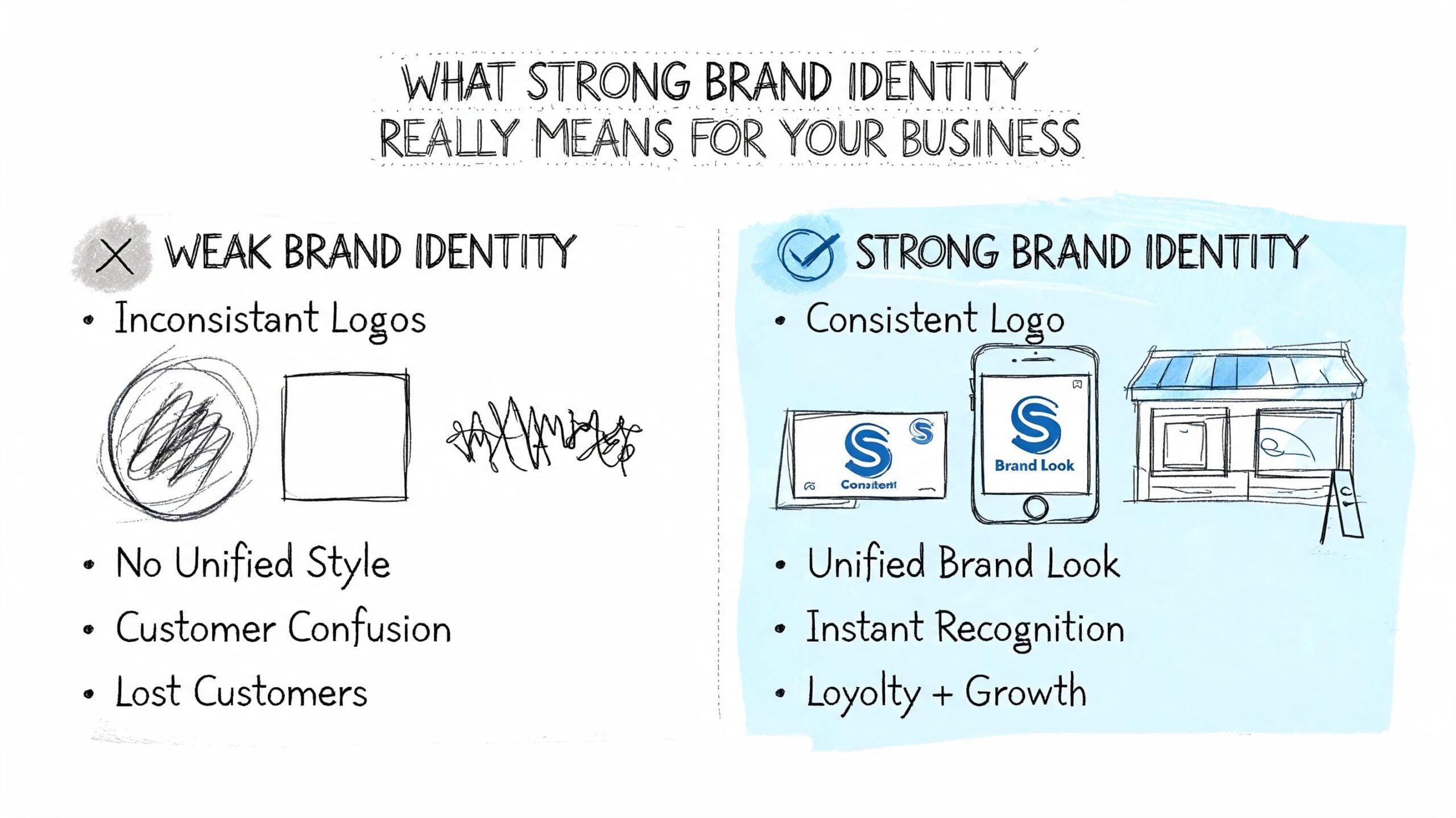 A hand-drawn comparison chart showing the differences between weak and strong brand identity for business growth.