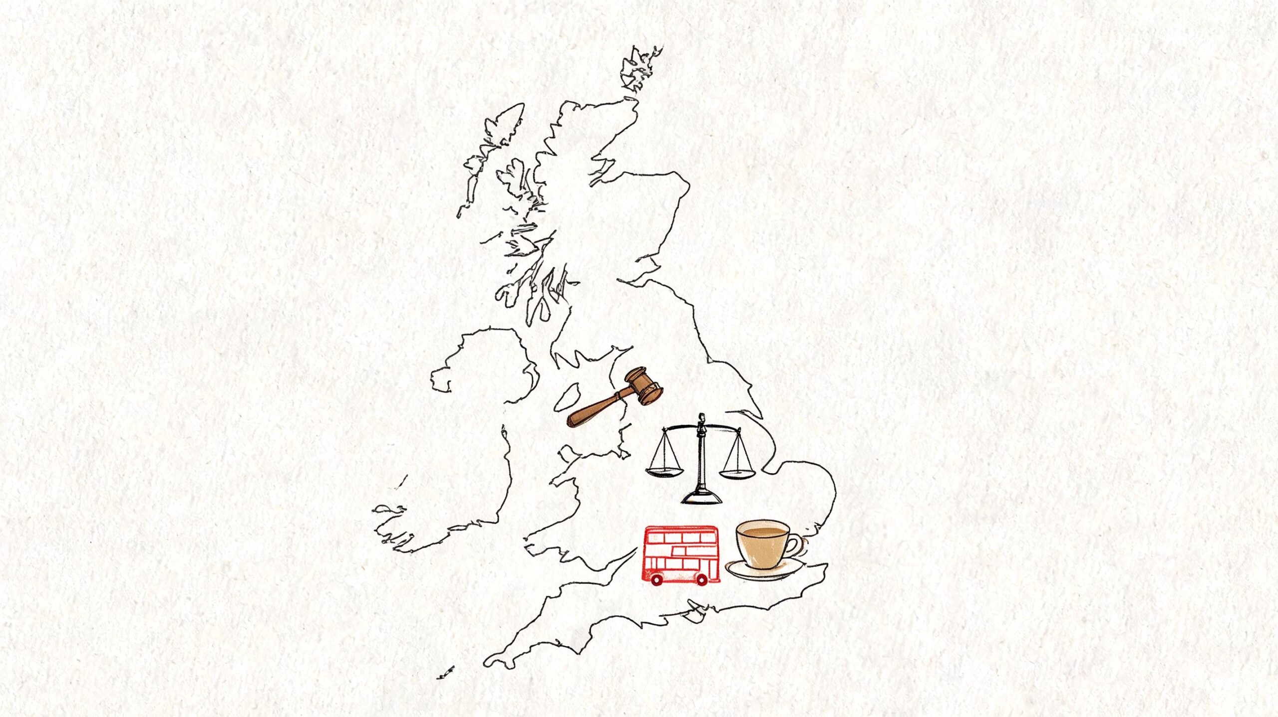 A map of the United Kingdom featuring icons of a gavel, scales, a red bus, and coffee.