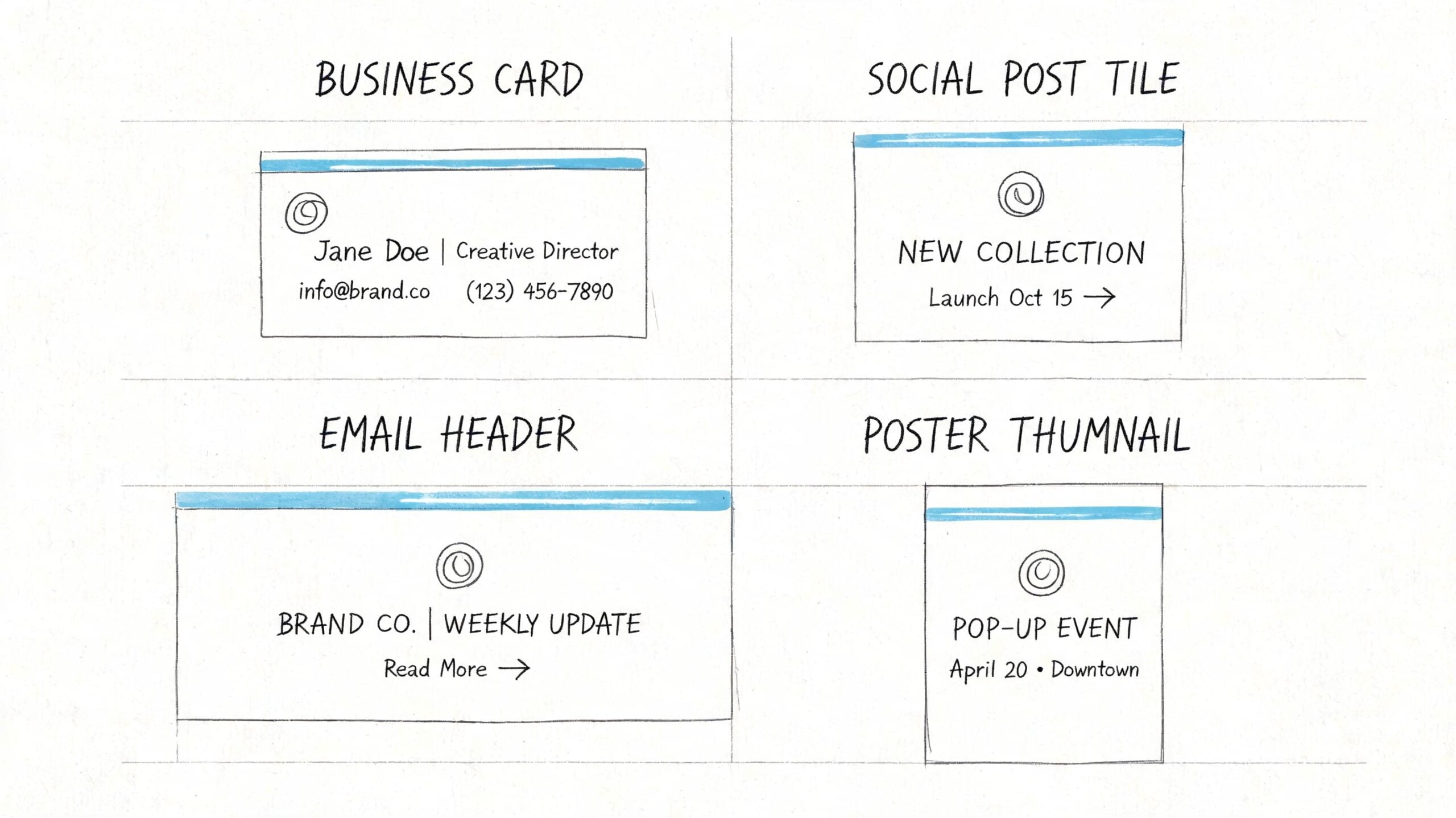 Hand-drawn design layouts demonstrating consistent branding across a business card, social post, email header, and poster.