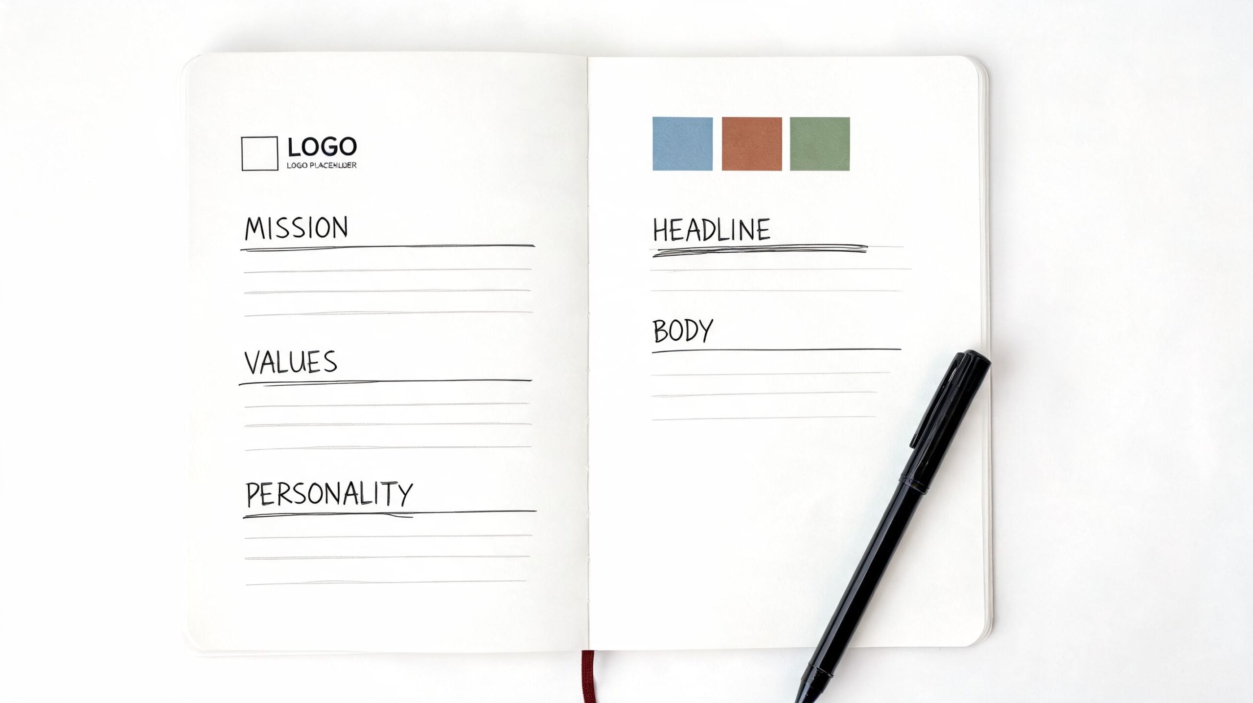 An open notebook on a white background with branding headers and a black pen, viewed from above.