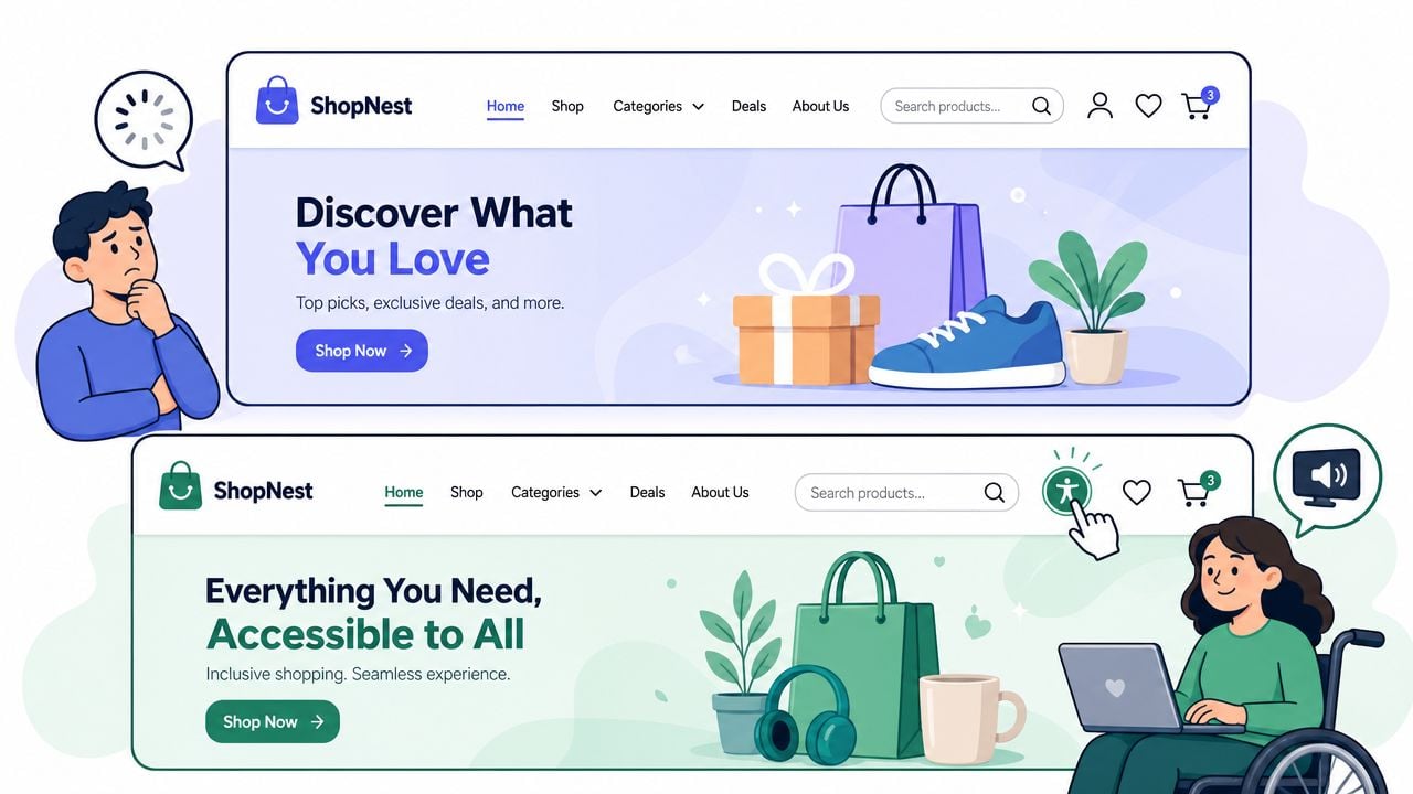 Two website header designs comparing a standard ecommerce shop banner with an accessible inclusive shopping interface layout.