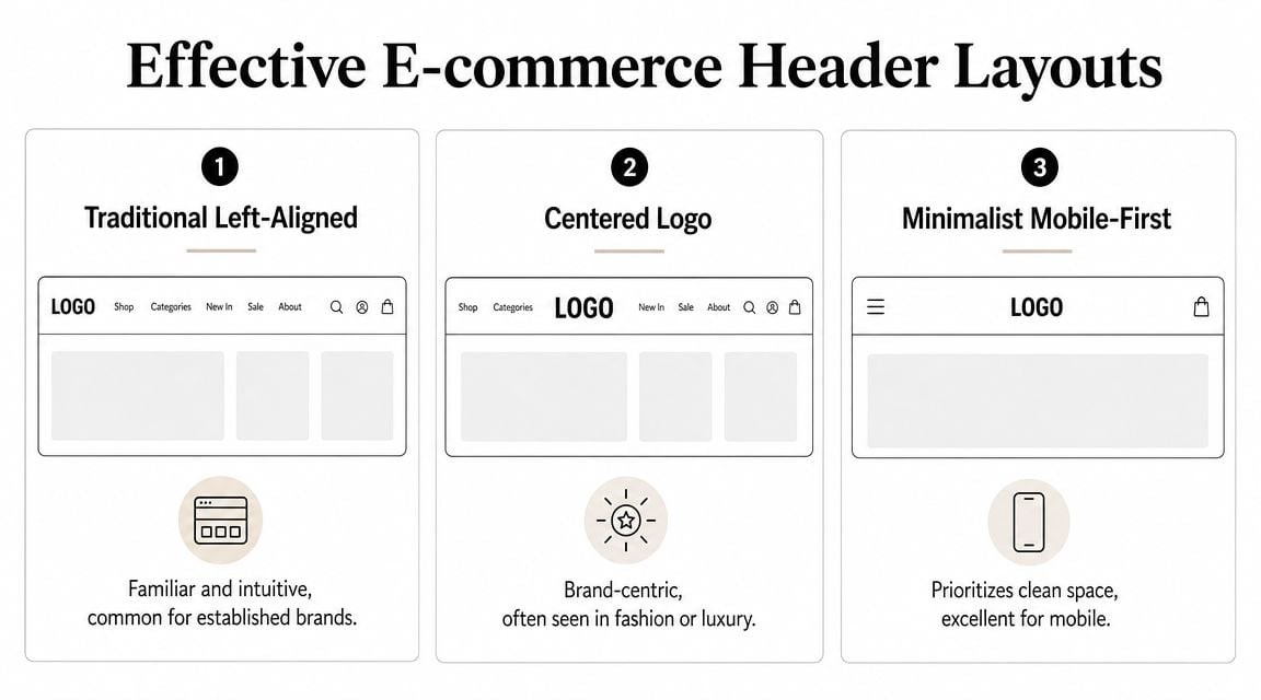 An infographic illustrating three common effective e-commerce website header design layouts with descriptions for each style.