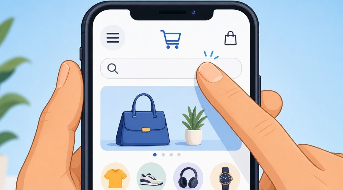 A hand interacting with a mobile ecommerce app interface featuring search and product icons on screen.