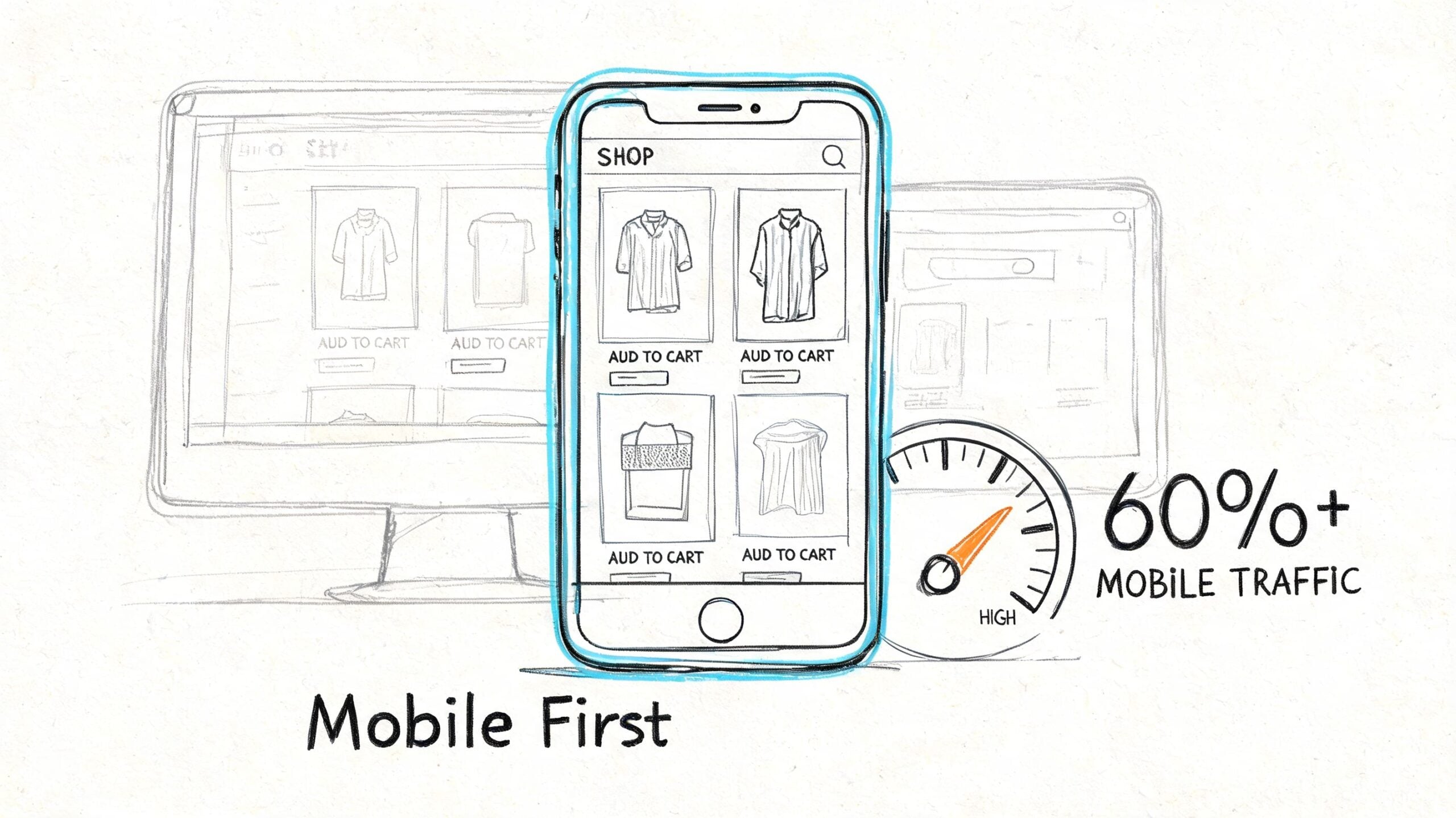 A hand-drawn sketch showing a mobile first ecommerce design emphasizing over sixty percent mobile traffic growth.