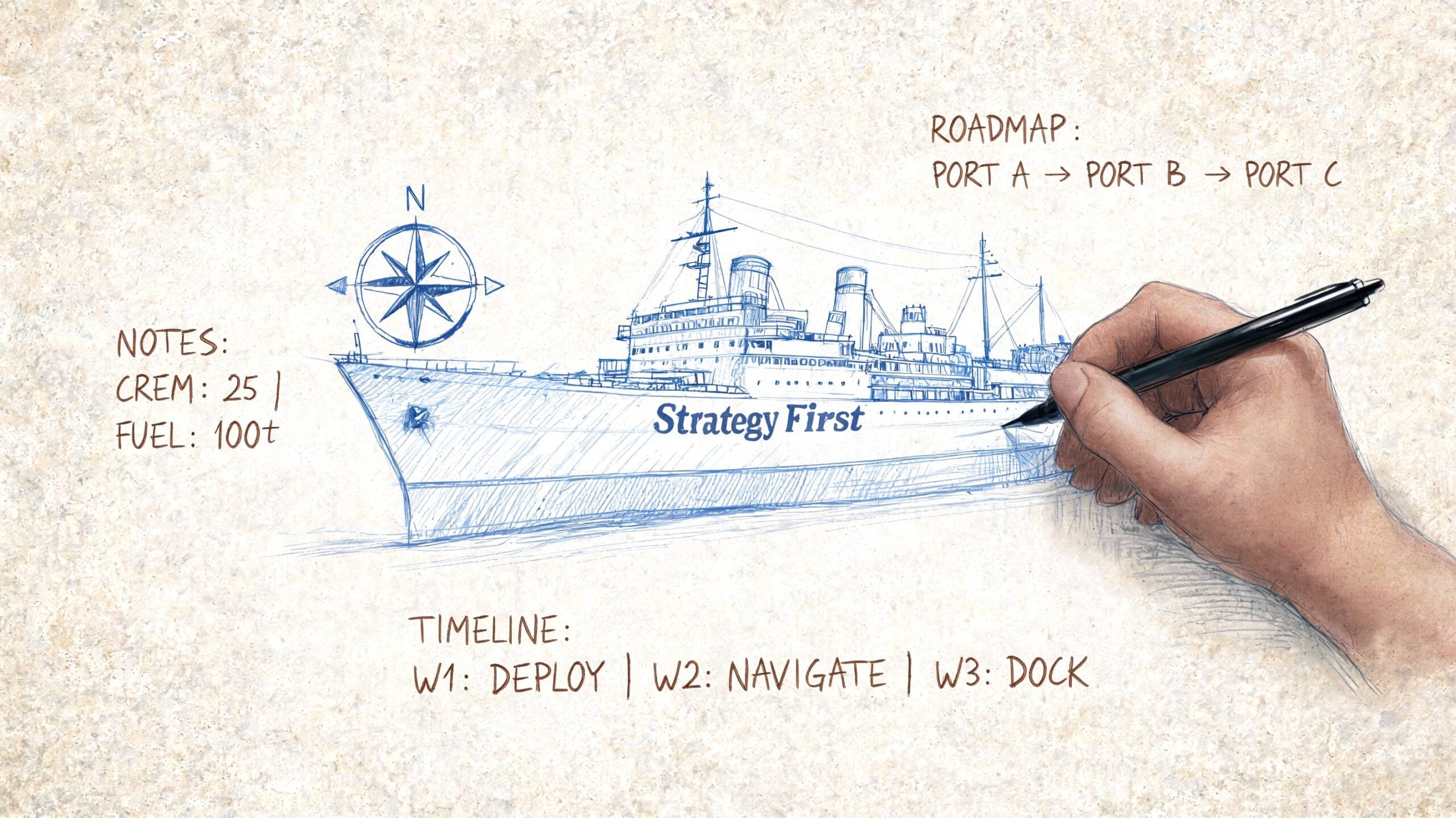 A hand drawing a sketch of a cruise ship on paper with strategic project planning details.