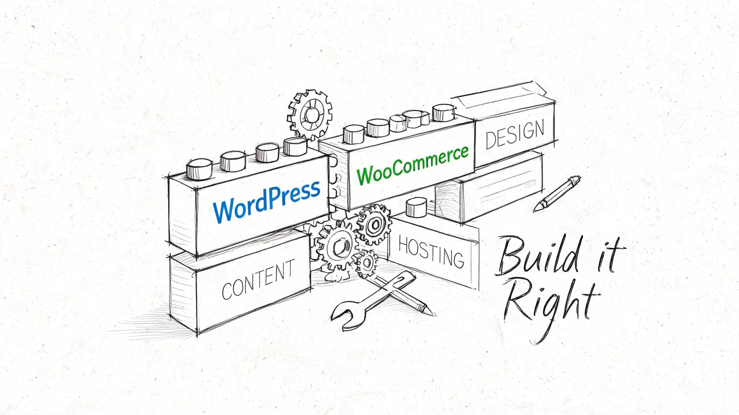 A conceptual sketch showing blocks labeled WordPress and WooCommerce being built with tools and gears.