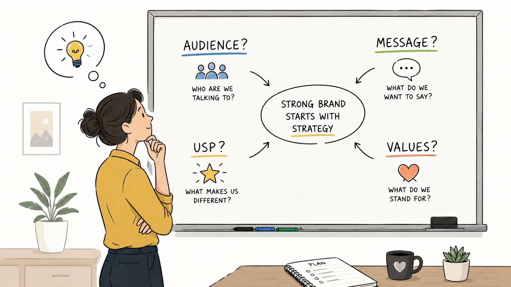 A businesswoman stands in an office, contemplating a whiteboard diagram about developing a strong brand strategy.