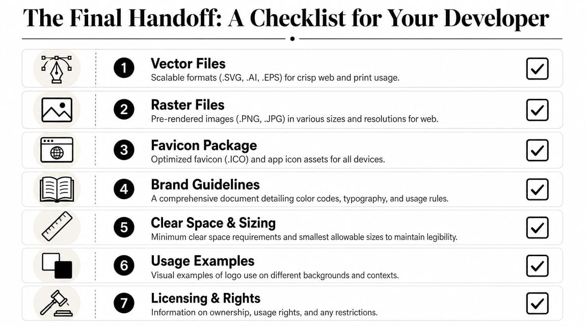 A checklist titled The Final Handoff for developers, listing seven essential items for professional logo design delivery.