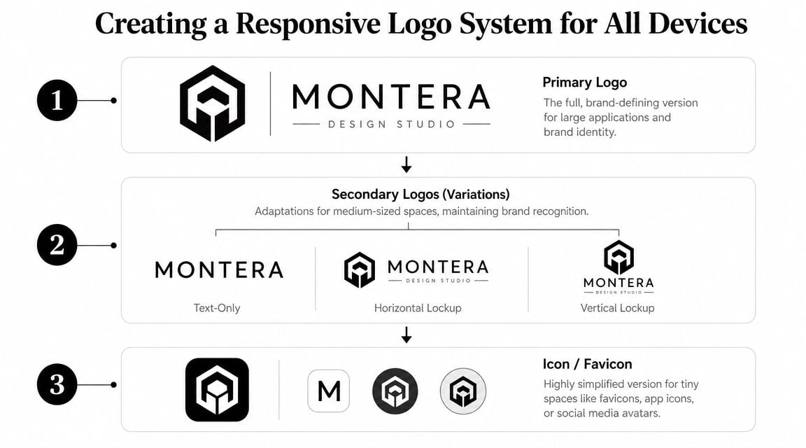 A diagram illustrating a responsive logo system design with primary, secondary, and icon variations for brands.