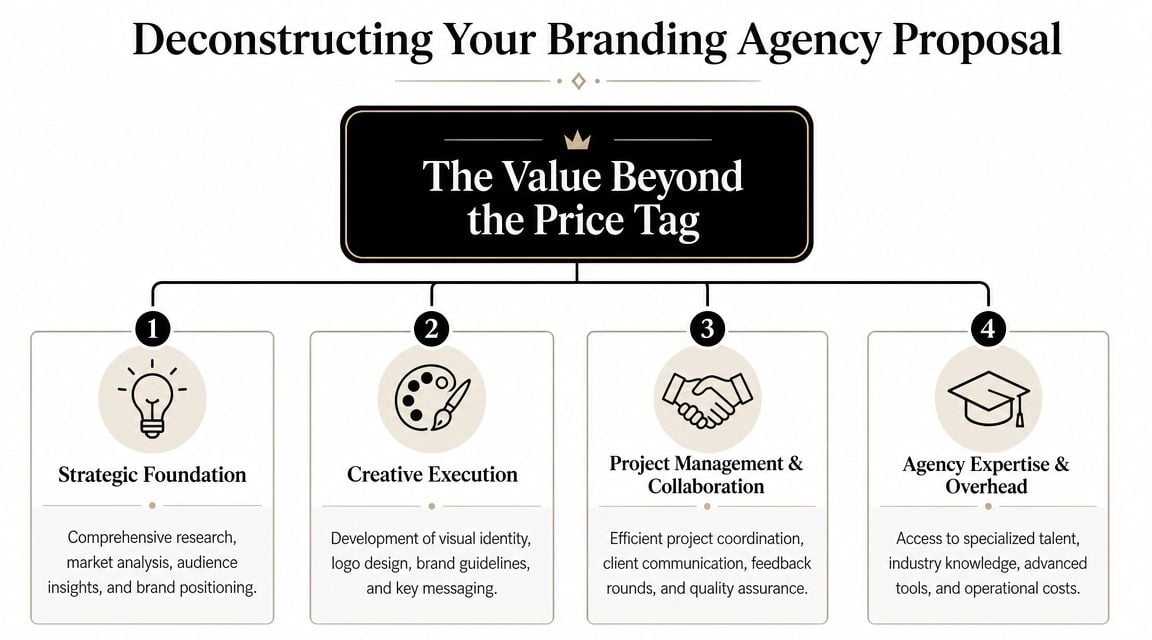 A diagram breaking down the value and components included in a branding agency's service proposal.