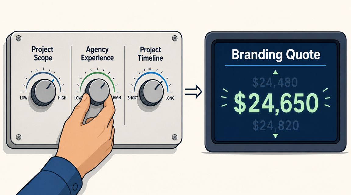 A hand adjusts dials for project scope, agency experience, and timeline to calculate a digital branding quote.