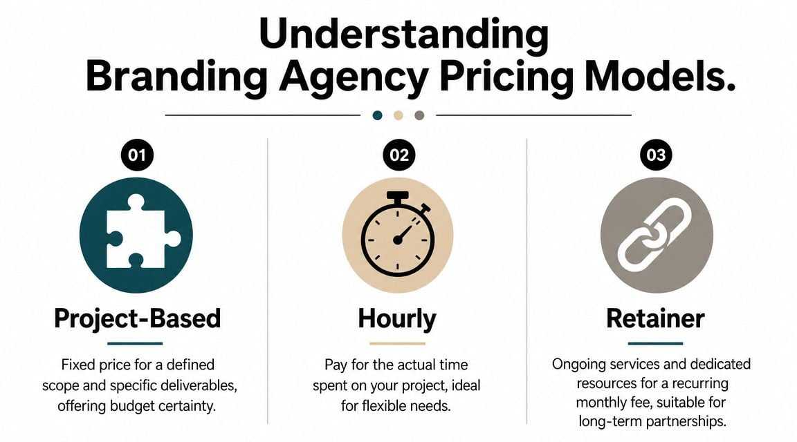 An infographic illustrating three common branding agency pricing models: project-based, hourly, and retainer agreements.