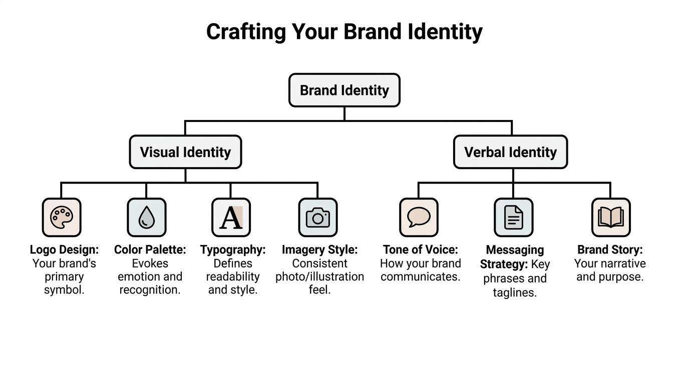 A flowchart diagram illustrating the components of a brand identity, including visual and verbal identity elements.