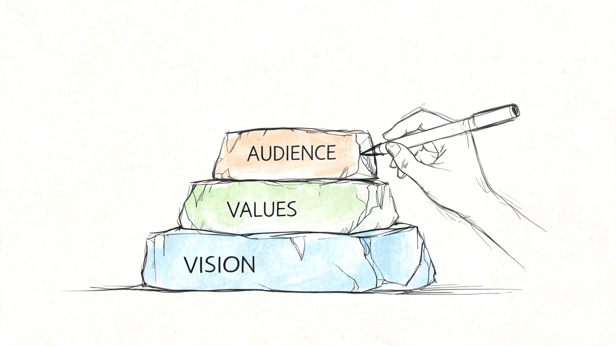 A hand sketches a stone pyramid labeled with Vision, Values, and Audience to represent brand building steps.
