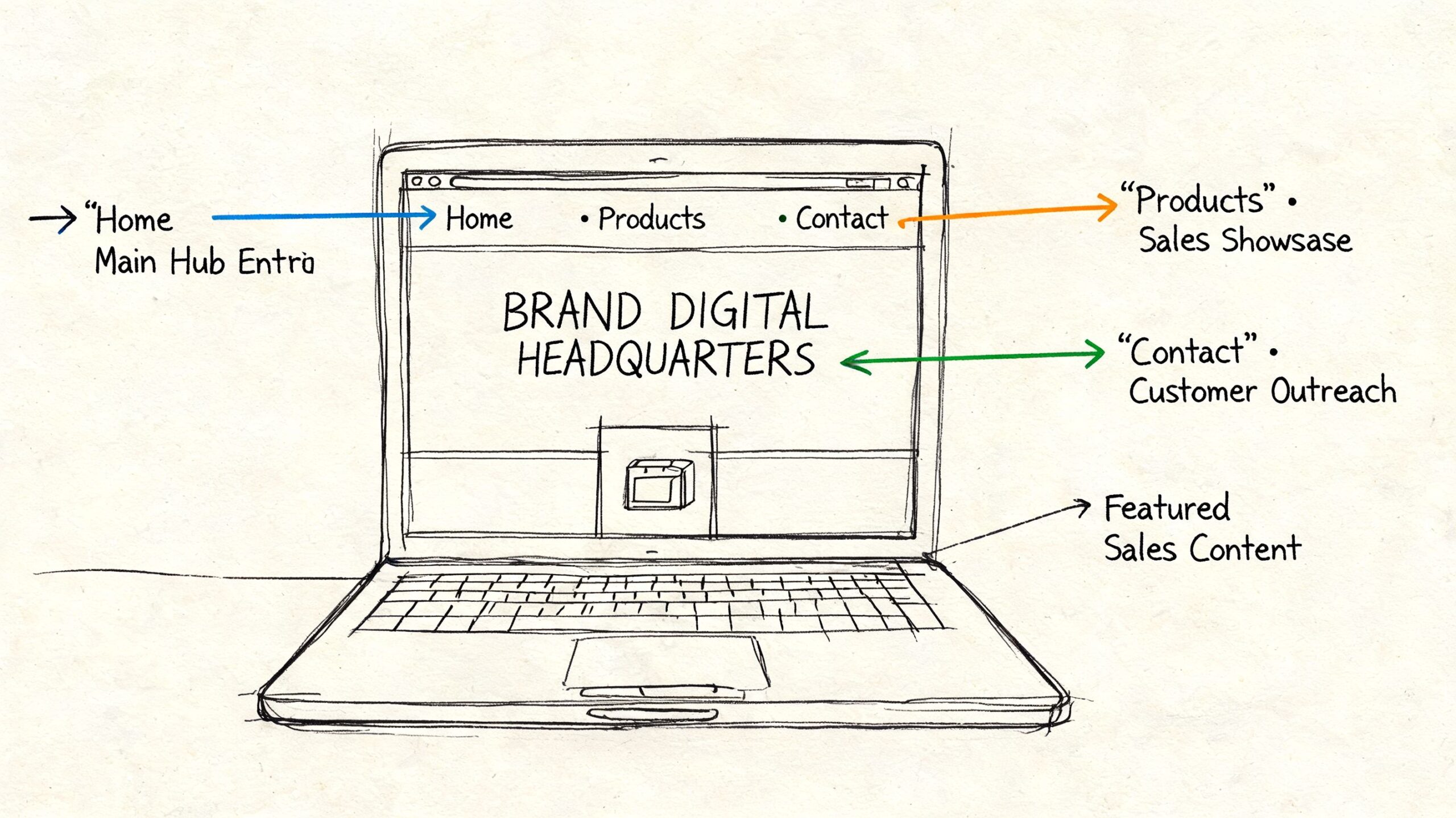 A hand-drawn sketch of a laptop screen displaying a website layout for a brand digital headquarters.