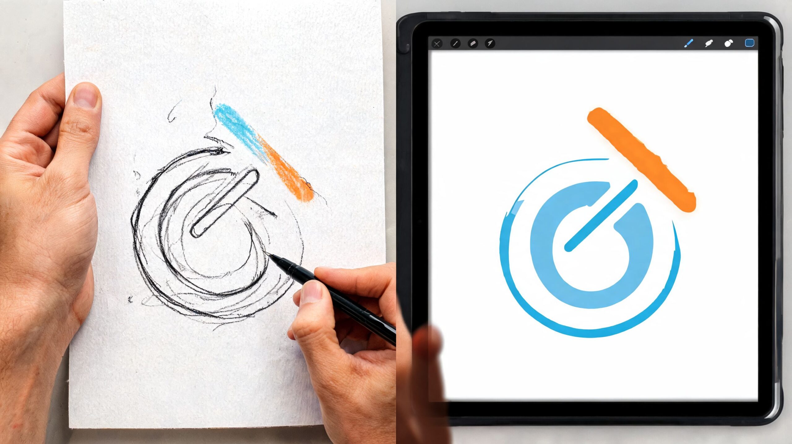 A person drawing a logo sketch on paper next to a tablet showing the digital design.