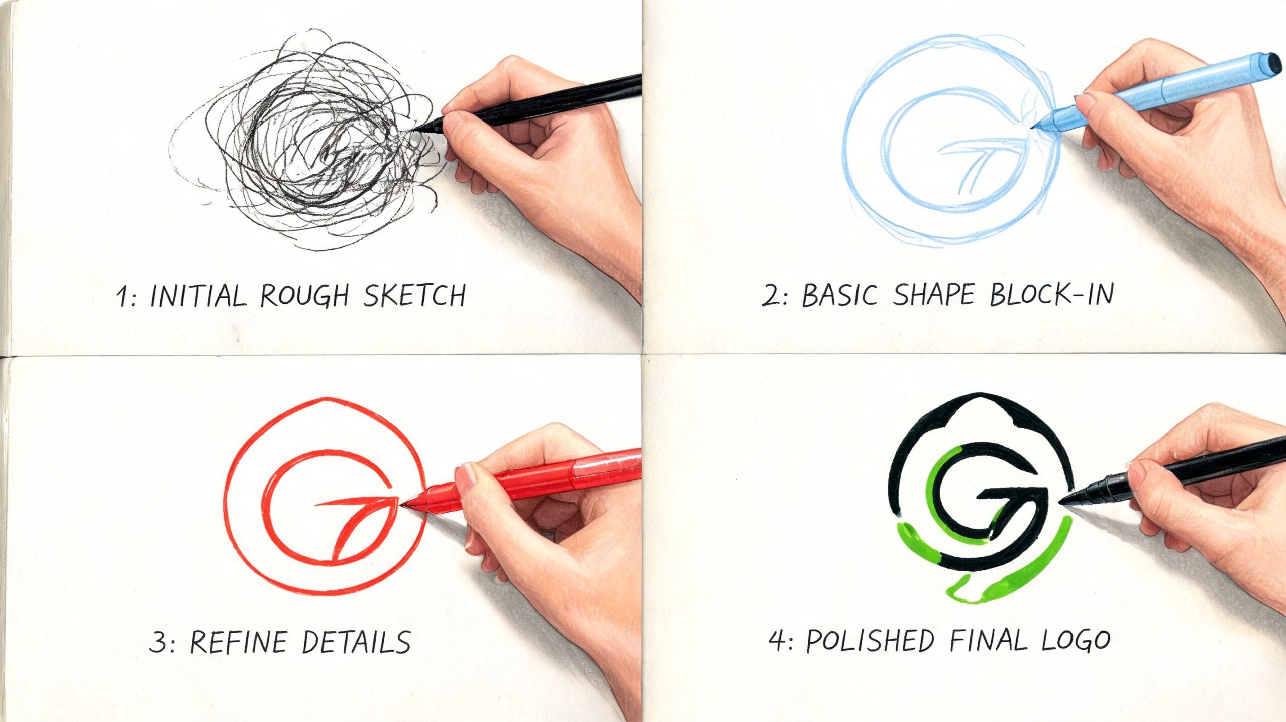 A four-step illustration showing the creative process of designing a custom logo for a business.