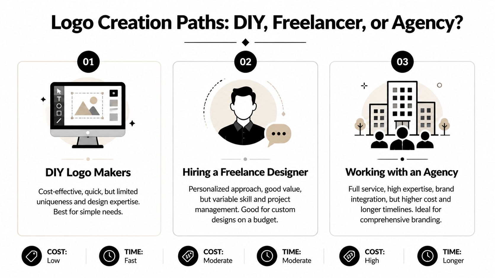 An infographic comparing three logo design methods: DIY, hiring a freelance designer, and working with an agency.