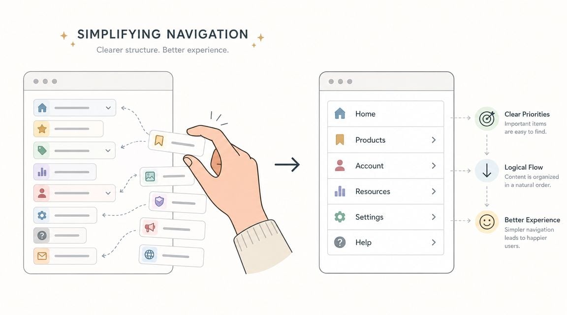 An illustration showing how to simplify website navigation by reorganizing menu items for a better user experience.