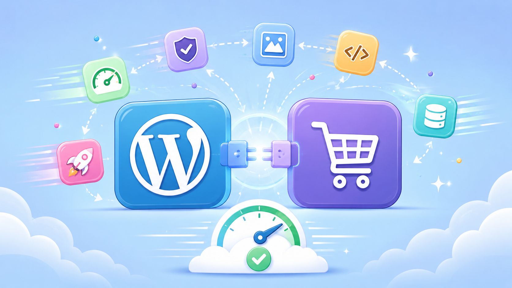 A 3D illustration showing WordPress connected to an e-commerce shopping cart, symbolizing optimized website performance and integration.