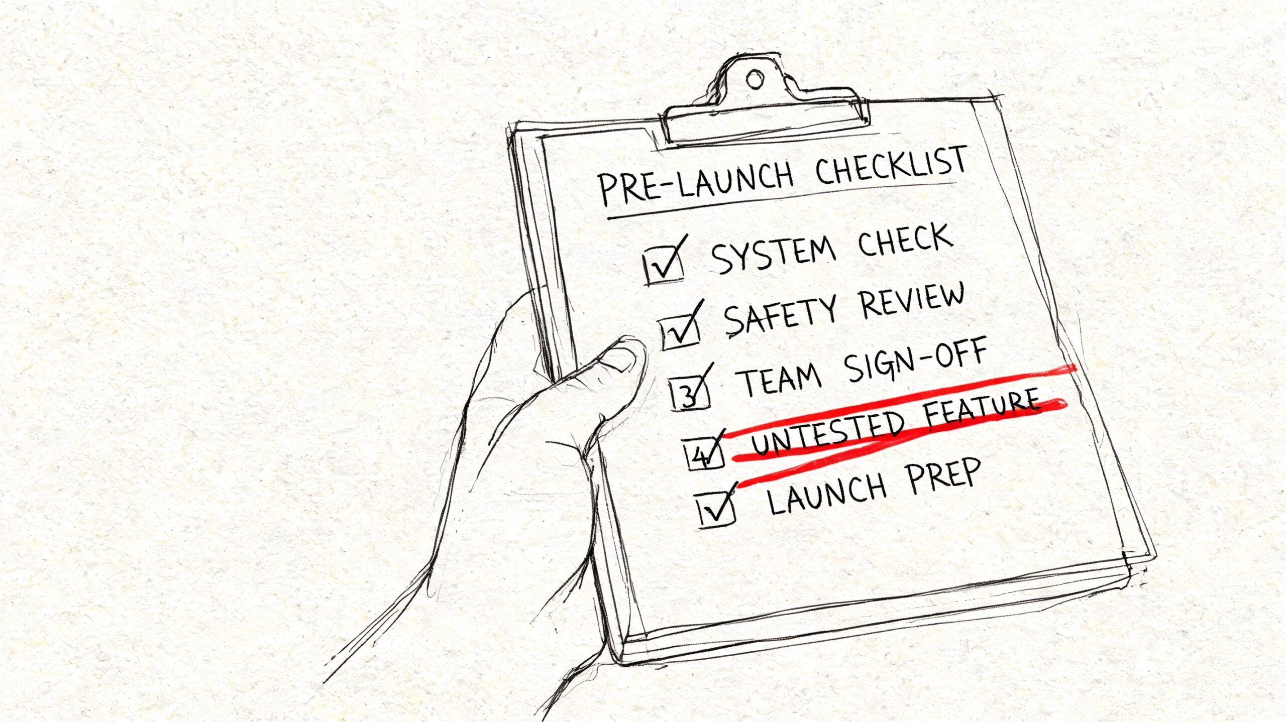 A hand holding a clipboard showing a pre-launch checklist with an untested feature crossed out in red.