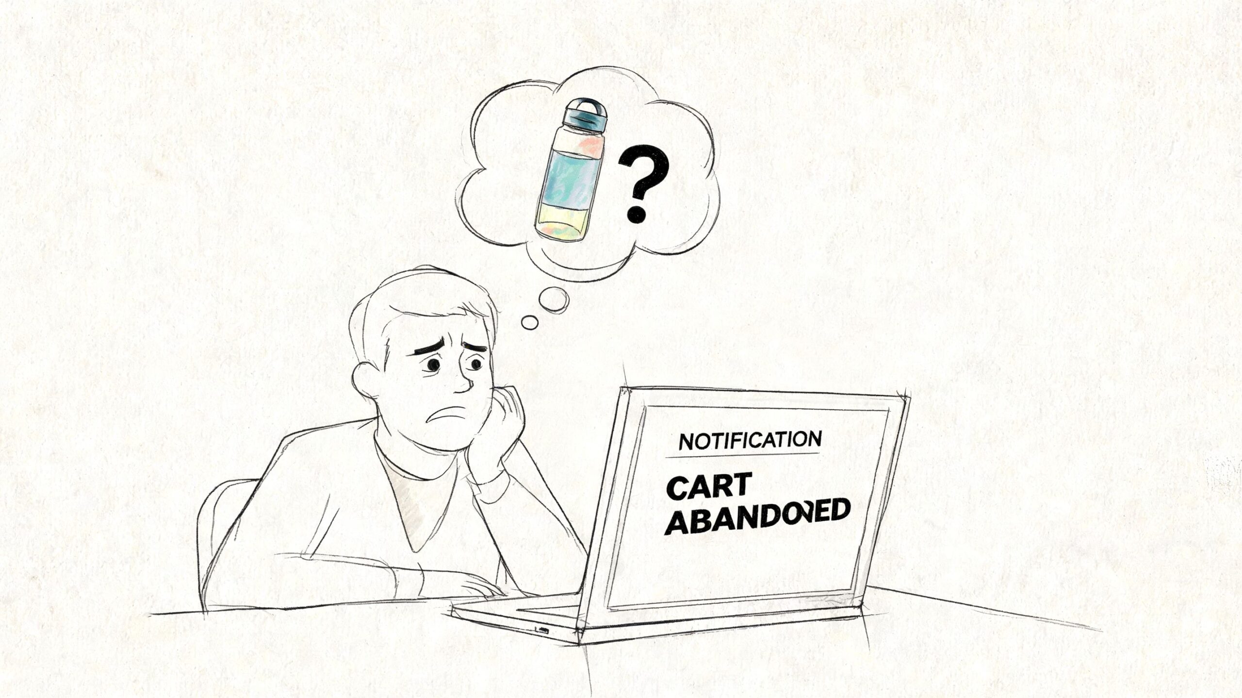 A hand-drawn illustration of a concerned person looking at a laptop screen displaying a cart abandoned notification.