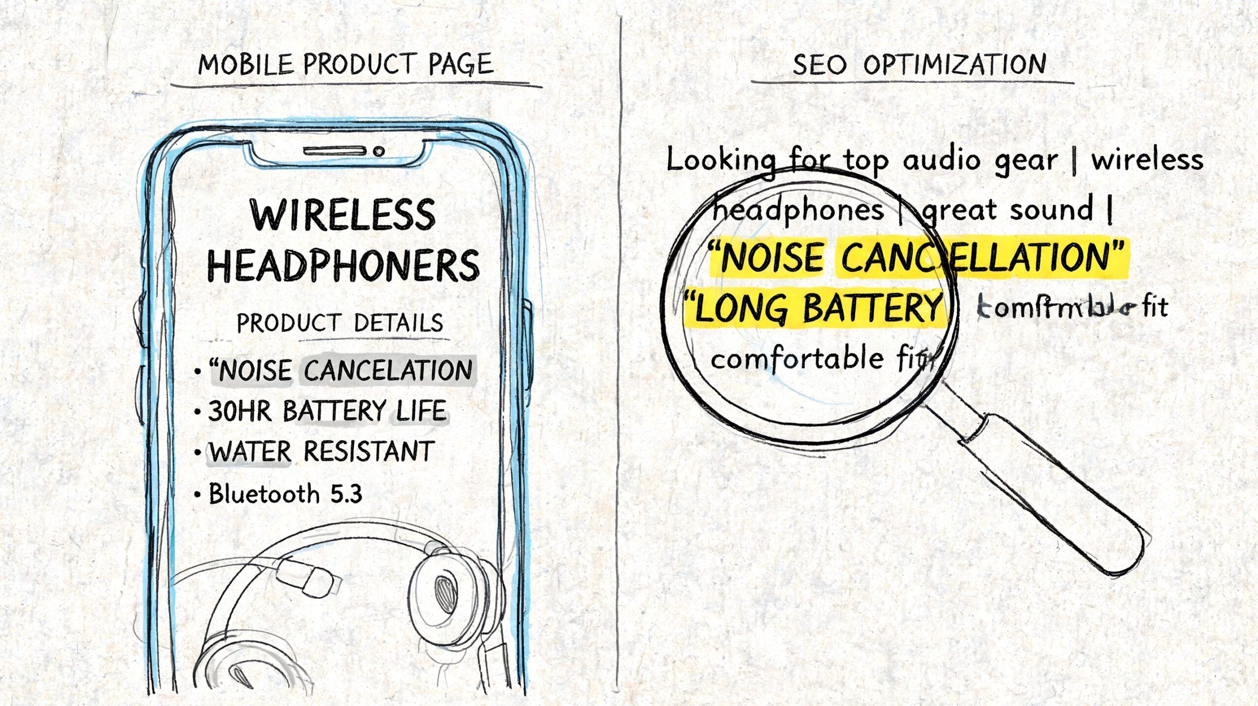 A hand-drawn illustration showing a mobile product page next to a magnifying glass for SEO optimization.