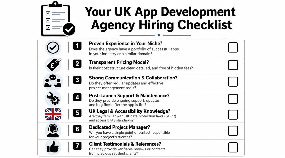A checklist for selecting a professional UK-based mobile app development agency for business projects.
