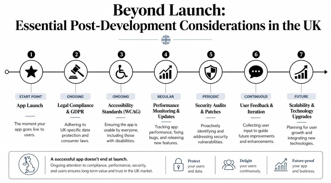 An infographic detailing seven essential post-launch steps for successful mobile application development in the UK market.
