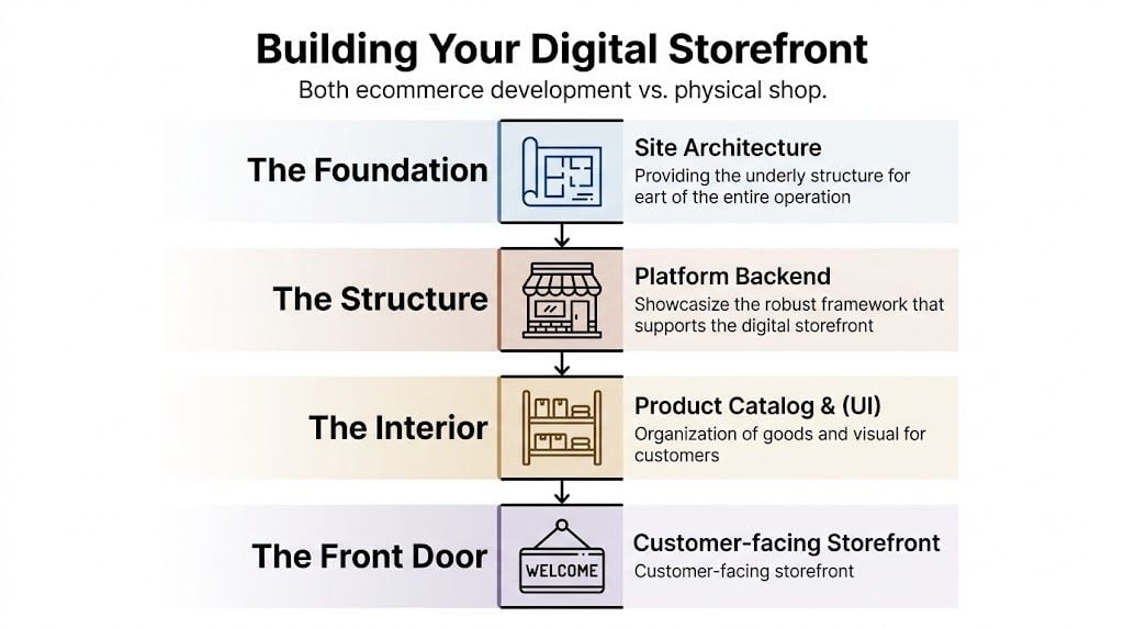 A diagram comparing the steps of building a digital storefront to constructing a physical shop.