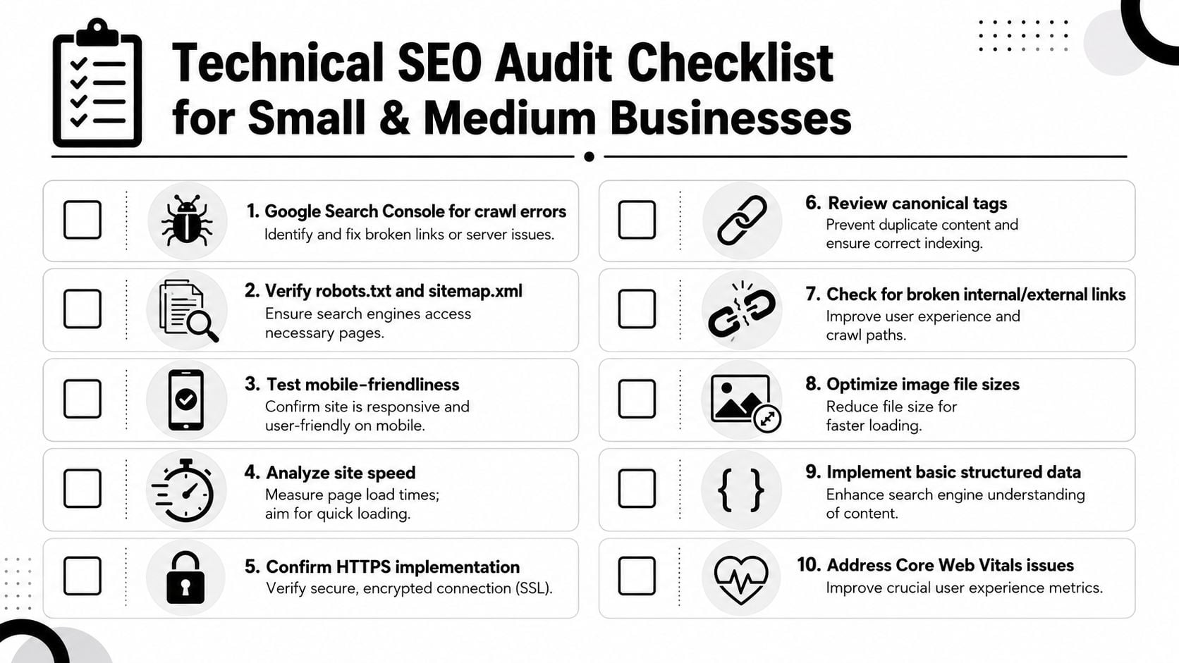 A checklist infographic outlining ten essential technical SEO audit steps for small and medium-sized businesses to improve rankings.