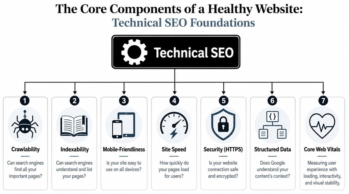 A diagram outlining the seven core components of technical SEO foundations for a healthy website.