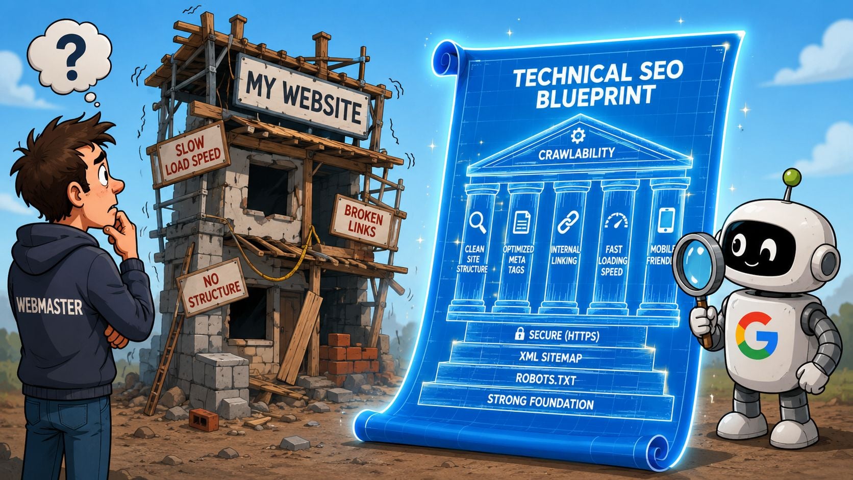 A webmaster looking at a broken building while a Google robot shows a technical SEO blueprint.